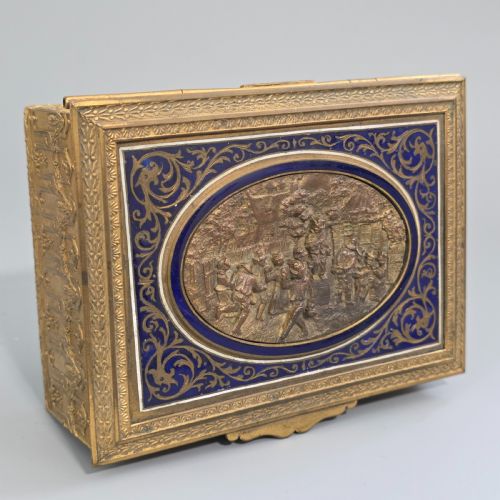 ANTIQUE FRENCH GILT BRASS BLUE ENAMEL BOX DECORATIVE TRINKET HUMIDOR LATE 19TH CENTURY - ADDITIONAL PHOTO 6