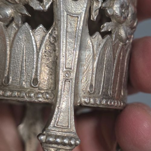 ANTIQUE 800 SILVER DEVIL MUSTARD POT FIGURAL LEGS BLUE GLASS LINER 19THC NOVELTY SILVER - ADDITIONAL PHOTO 1