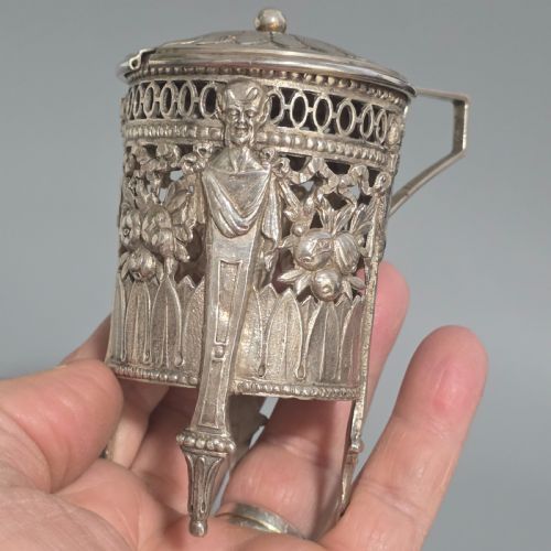 ANTIQUE 800 SILVER DEVIL MUSTARD POT FIGURAL LEGS BLUE GLASS LINER 19THC NOVELTY SILVER - ADDITIONAL PHOTO 7