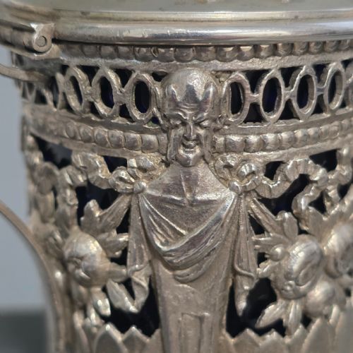 ANTIQUE 800 SILVER DEVIL MUSTARD POT FIGURAL LEGS BLUE GLASS LINER 19THC NOVELTY SILVER - ADDITIONAL PHOTO 11
