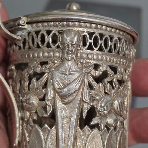 ANTIQUE 800 SILVER DEVIL MUSTARD POT FIGURAL LEGS BLUE GLASS LINER 19THC NOVELTY SILVER - ADDITIONAL PHOTO 17