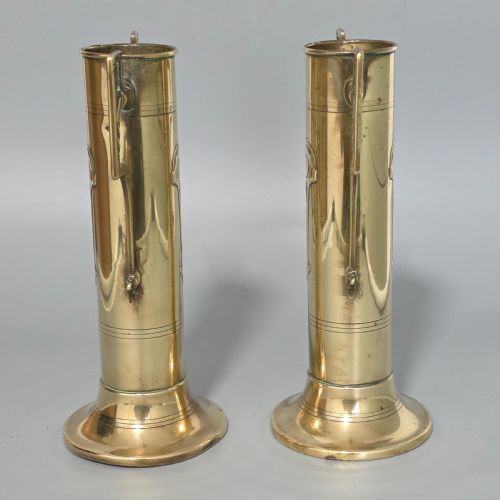 PAIR ANTIQUE ARTS CRAFTS BRASS TWIN HANDLED VASES C1910 DECORATIVE BRASS URNS - ADDITIONAL PHOTO 1