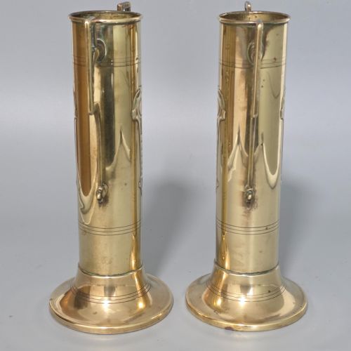 PAIR ANTIQUE ARTS CRAFTS BRASS TWIN HANDLED VASES C1910 DECORATIVE BRASS URNS - ADDITIONAL PHOTO 7