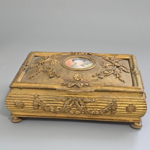 ANTIQUE FRENCH GILT BRONZE BRASS JEWELLERY CASKET MINIATURE PORTRAIT BOX 19THC - ADDITIONAL PHOTO 1