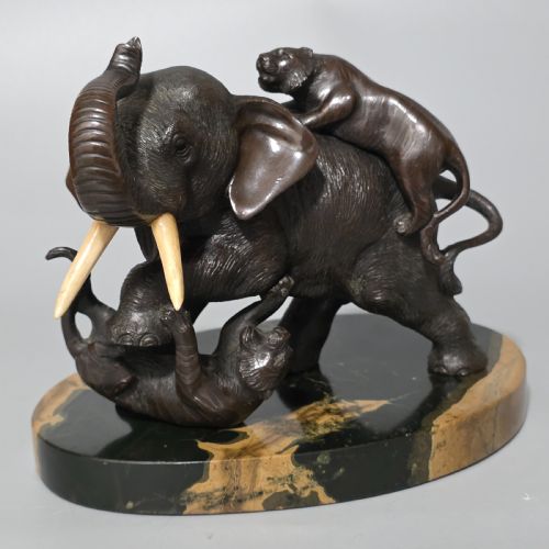 ANTIQUE JAPANESE BRONZE OKIMONO ELEPHANT FIGHTING TWO TIGERS BONE TUSKS GENRYUSAI SEIYA SASKU MEIJI SHOWA - ADDITIONAL PHOTO 2