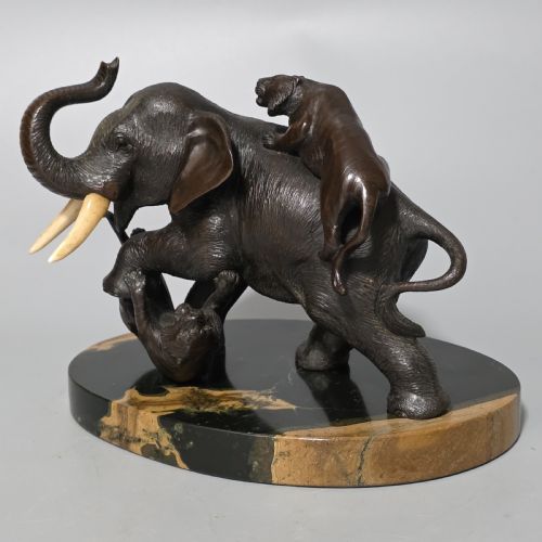 ANTIQUE JAPANESE BRONZE OKIMONO ELEPHANT FIGHTING TWO TIGERS BONE TUSKS GENRYUSAI SEIYA SASKU MEIJI SHOWA - ADDITIONAL PHOTO 3