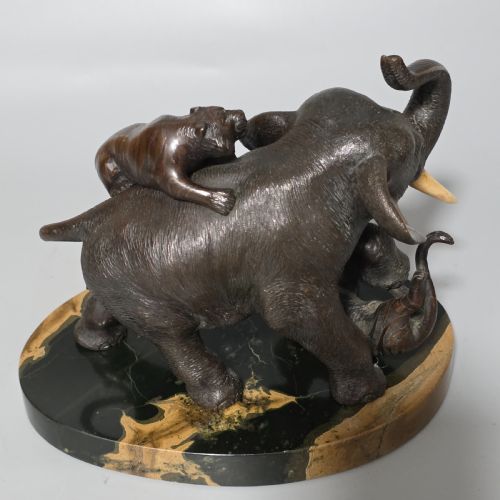 ANTIQUE JAPANESE BRONZE OKIMONO ELEPHANT FIGHTING TWO TIGERS BONE TUSKS GENRYUSAI SEIYA SASKU MEIJI SHOWA - ADDITIONAL PHOTO 5