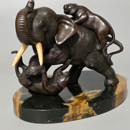 ANTIQUE JAPANESE BRONZE OKIMONO ELEPHANT FIGHTING TWO TIGERS BONE TUSKS GENRYUSAI SEIYA SASKU MEIJI SHOWA - ADDITIONAL PHOTO 15