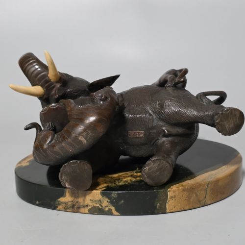 ANTIQUE JAPANESE BRONZE OKIMONO ELEPHANT FIGHTING TWO TIGERS BONE TUSKS GENRYUSAI SEIYA SASKU MEIJI SHOWA - ADDITIONAL PHOTO 18