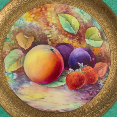 PAIR ANTIQUE WEDGWOOD HAND PAINTED FRUIT PLATES 27CM AD HOLLAND EMERALD GREEN GILT C1910 - ADDITIONAL PHOTO 6