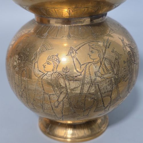 JEYPORE SCHOOL OF ART BRASS KAMANDAL HINDHU HOLY WATER CARRIER CIRCA 1900 THE SPHERICAL BODY - ADDITIONAL PHOTO 10