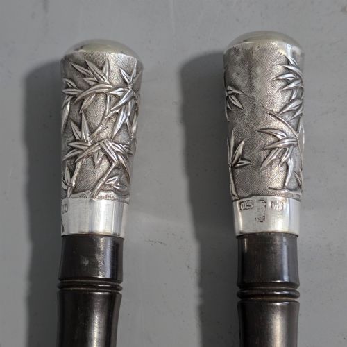 FINE PAIR OF CHINESE EXPORT SILVER SALAD SERVERS WANG HING WH90 MARK BAMBOO SHELL DESIGN 28CM - ADDITIONAL PHOTO 1