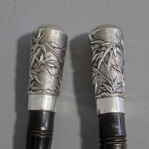 FINE PAIR OF CHINESE EXPORT SILVER SALAD SERVERS WANG HING WH90 MARK BAMBOO SHELL DESIGN 28CM - ADDITIONAL PHOTO 2