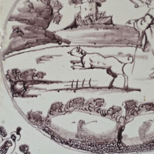 LIVERPOOL DELFT MANGANESE TILE MAN DRESSED IN HIS FINERY WALKING HIS DOG CIRCA 1725 1750 - ADDITIONAL PHOTO 2