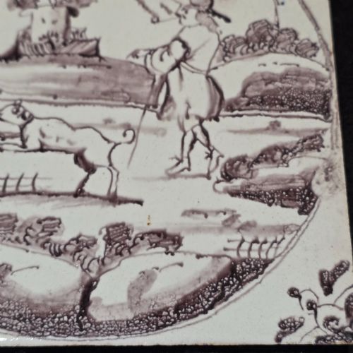 LIVERPOOL DELFT MANGANESE TILE MAN DRESSED IN HIS FINERY WALKING HIS DOG CIRCA 1725 1750 - ADDITIONAL PHOTO 3