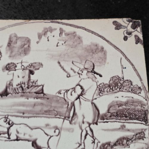 LIVERPOOL DELFT MANGANESE TILE MAN DRESSED IN HIS FINERY WALKING HIS DOG CIRCA 1725 1750 - ADDITIONAL PHOTO 4