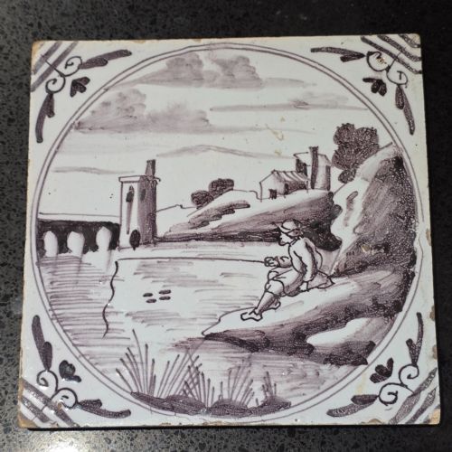 london delft tile painted in manganese with a man fishing in a river circa 1725 1760 - CATEGORY: ANTIQUE CERAMICS - DATED 18TH CENTURY