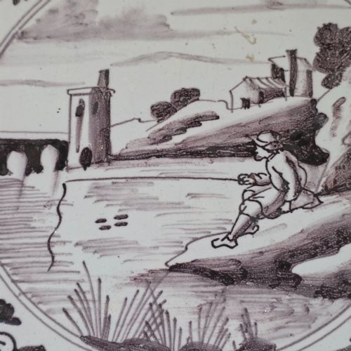 LONDON DELFT TILE PAINTED IN MANGANESE WITH A MAN FISHING IN A RIVER CIRCA 1725 1760 - ADDITIONAL PHOTO 5