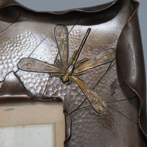 EXCEPTIONAL ARTS CRAFTS BRONZED COPPER FRAME DRAGONFLY LOBSTER LIZARD 32CM C1910 - ADDITIONAL PHOTO 13
