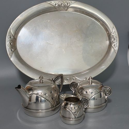 fig 1. Stylish Antique Secessionist Silver Plate Tea Set & Tray – Four Piece Art Nouveau Service c.1900