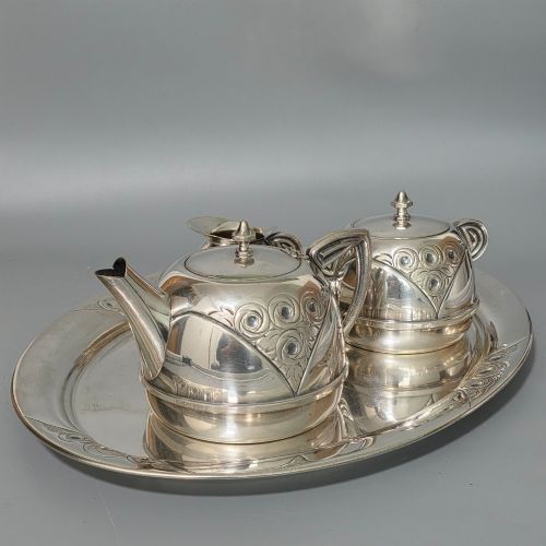 fig 4. Stylish Antique Secessionist Silver Plate Tea Set & Tray – Four Piece Art Nouveau Service c.1900