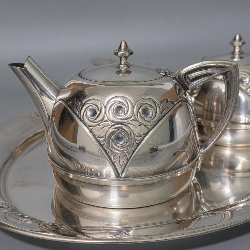 fig 6. Stylish Antique Secessionist Silver Plate Tea Set & Tray – Four Piece Art Nouveau Service c.1900