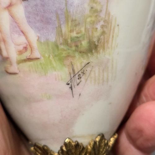 ANTIQUE FRENCH PAINTED SEVRES STYLE SIGNED PORCELAIN ORMOLU VASE SIGNED 'MAX' 31CM - ADDITIONAL PHOTO 12