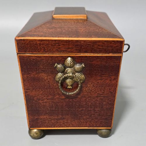 ANTIQUE REGENCY QUALITY MAHOGANY INLAID TEA CADDY WITH BONE ESCUTCHEON - ADDITIONAL PHOTO 2