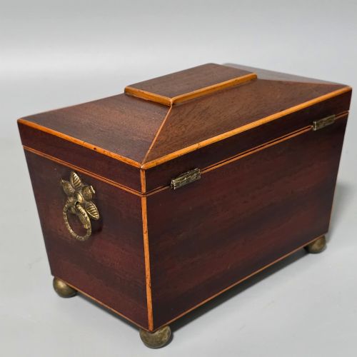 ANTIQUE REGENCY QUALITY MAHOGANY INLAID TEA CADDY WITH BONE ESCUTCHEON - ADDITIONAL PHOTO 5