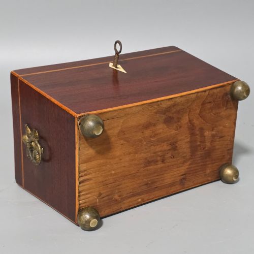ANTIQUE REGENCY QUALITY MAHOGANY INLAID TEA CADDY WITH BONE ESCUTCHEON - ADDITIONAL PHOTO 12