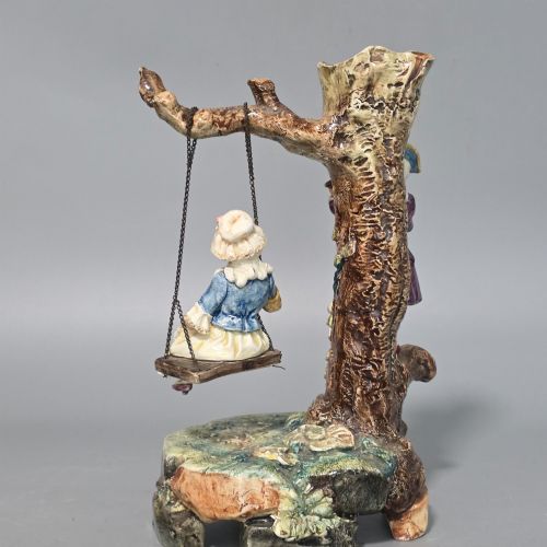 MAJOLICA COURTING COUPLE FIGURAL DISPLAYSPILL HOLDER GIRL IN A SWING C1900 - ADDITIONAL PHOTO 2
