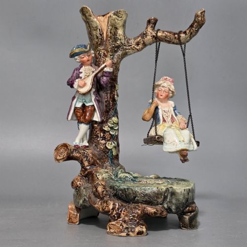MAJOLICA COURTING COUPLE FIGURAL DISPLAYSPILL HOLDER GIRL IN A SWING C1900 - ADDITIONAL PHOTO 5