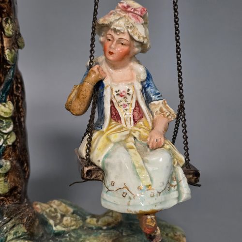 MAJOLICA COURTING COUPLE FIGURAL DISPLAYSPILL HOLDER GIRL IN A SWING C1900 - ADDITIONAL PHOTO 8