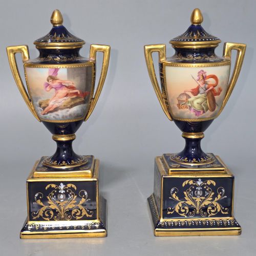 exceptional pair of antique vienna porcelain empire amphora vases covers signed f koller - CATEGORY: ANTIQUE VASES - DATED 19TH CENTURY