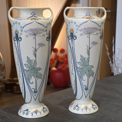 RARE PAIR OF ARNHEM ART NOUVEAUSECESSIONIST TWINHANDLED GLAZED VASES