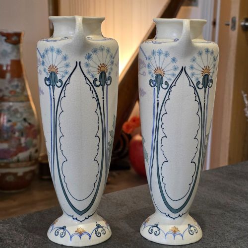RARE PAIR OF ARNHEM ART NOUVEAUSECESSIONIST TWINHANDLED GLAZED VASES - ADDITIONAL PHOTO 2