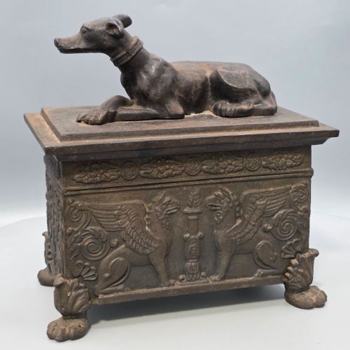 19thc Bronzed Russian Iron Casket, with Mounted Hound