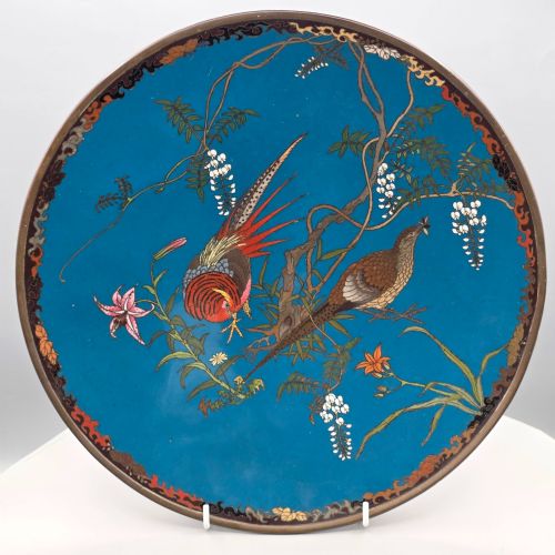 Antique Japanese Meiji Enamelled Cloisonne' Charger Birds C1880 31cm