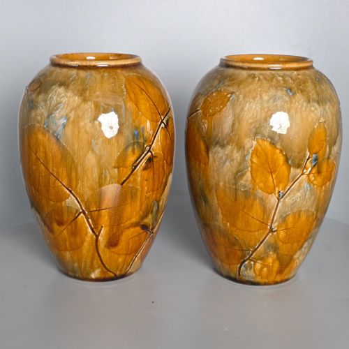 Beautiful Autumnal Pair of Royal Doulton Leaf Pattern Vases C1910