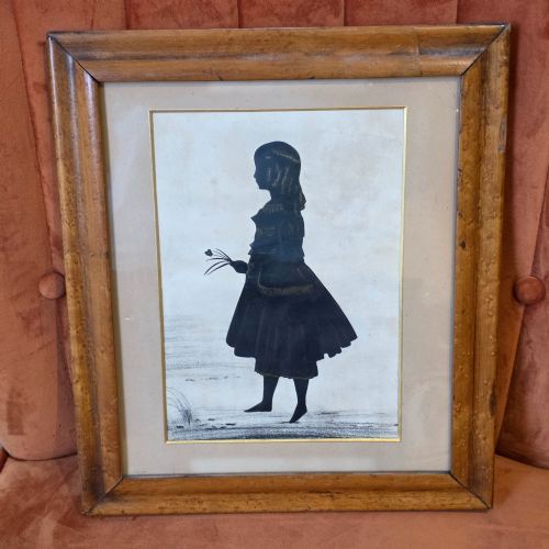 Fine 19th-century Framed Full-length Cut-paper and Watercolour Silhouette Portrait of a Young Girl