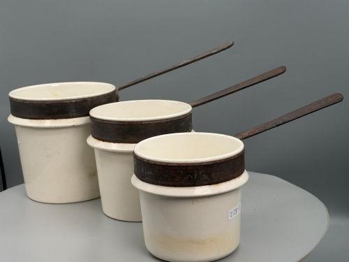 Rare Set of Early 19thc Wedgwood White Glazed Measuring Jugs with Iron Bands & Handles