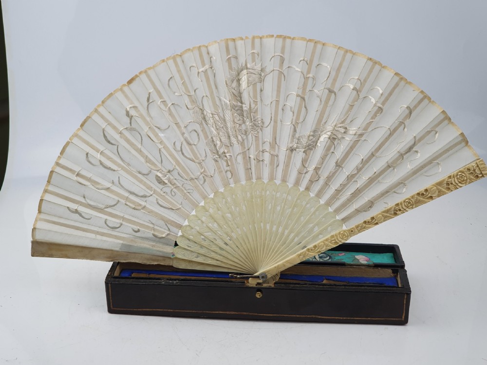 Late 19thc Oriental Bone Fan in Original Lacquered Box