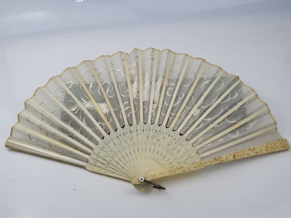 Late 19thc Oriental Bone Fan in Original Lacquered Box View II