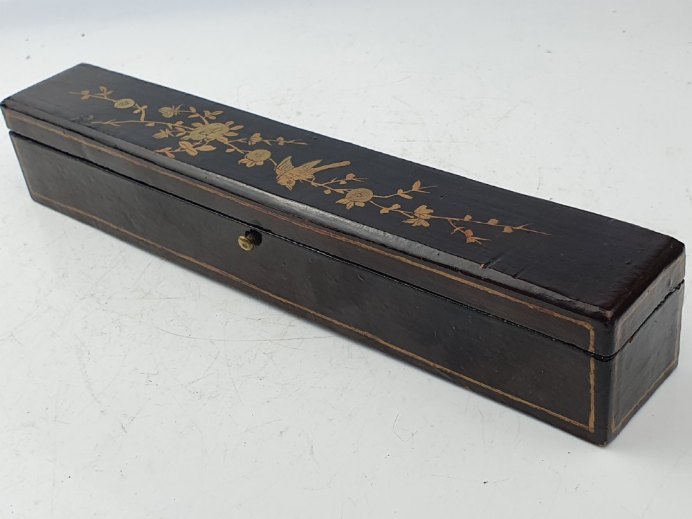 Late 19thc Oriental Bone Fan in Original Lacquered Box View IX