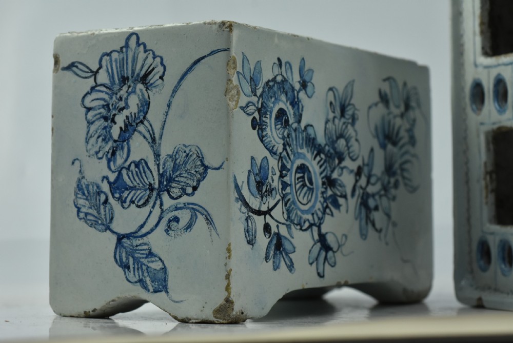 Two 18th Century Delft Tin Glaze Flower Bricks View III