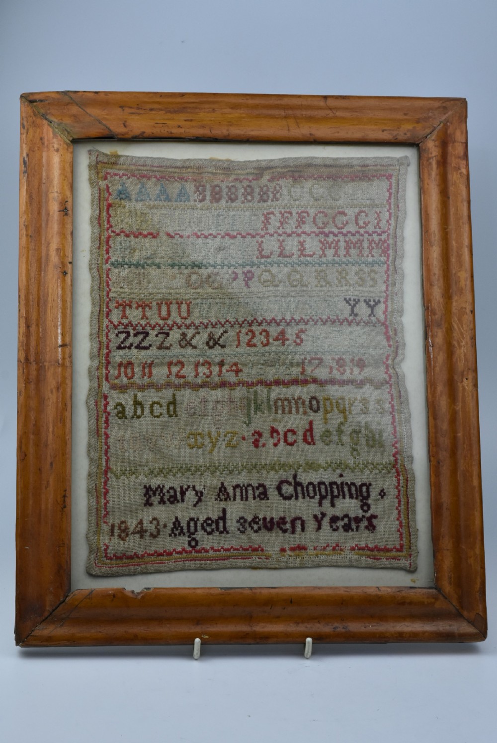 Delightful Alphabet Sampler Dated 1843 in Maple Veneered frame