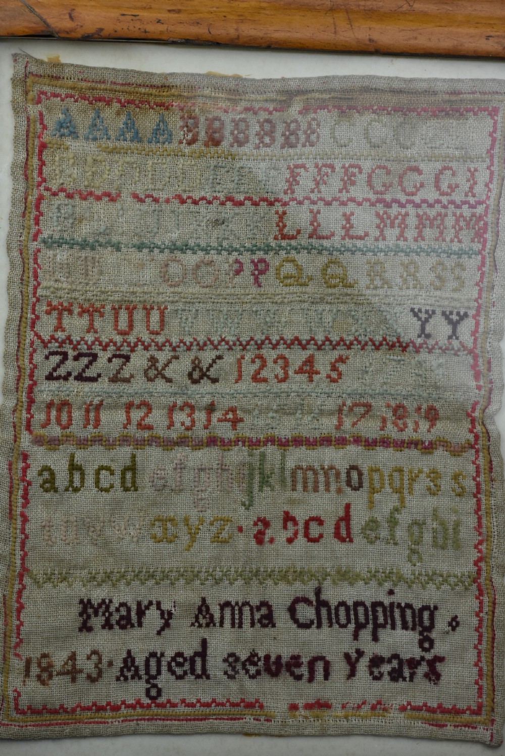 Delightful Alphabet Sampler Dated 1843 in Maple Veneered frame View II