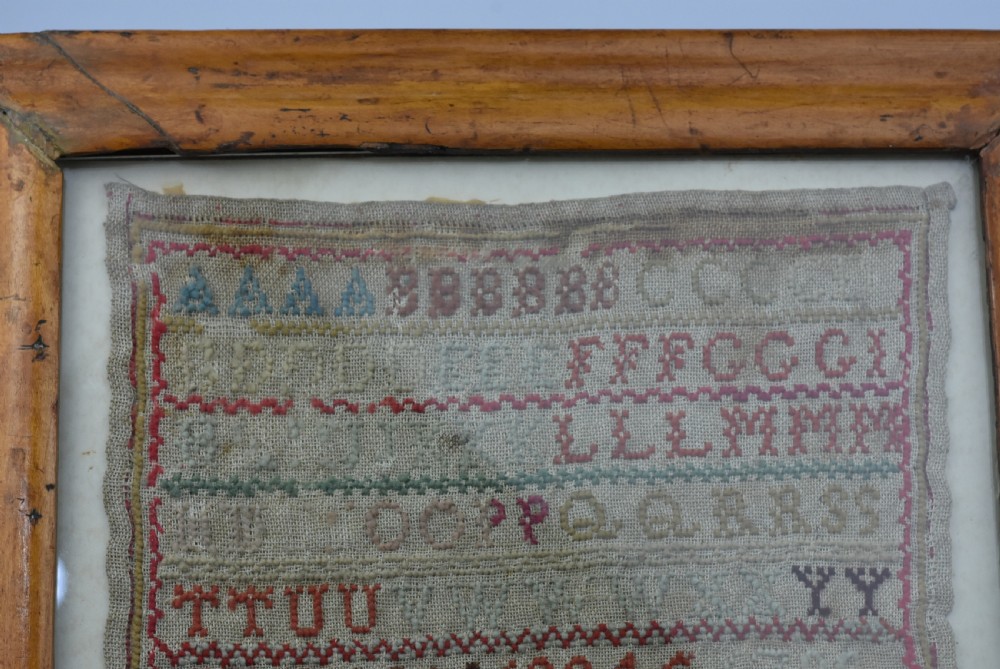 Delightful Alphabet Sampler Dated 1843 in Maple Veneered frame View III