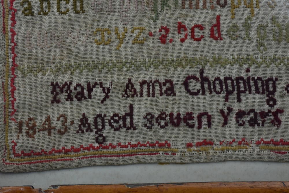 Delightful Alphabet Sampler Dated 1843 in Maple Veneered frame View IV