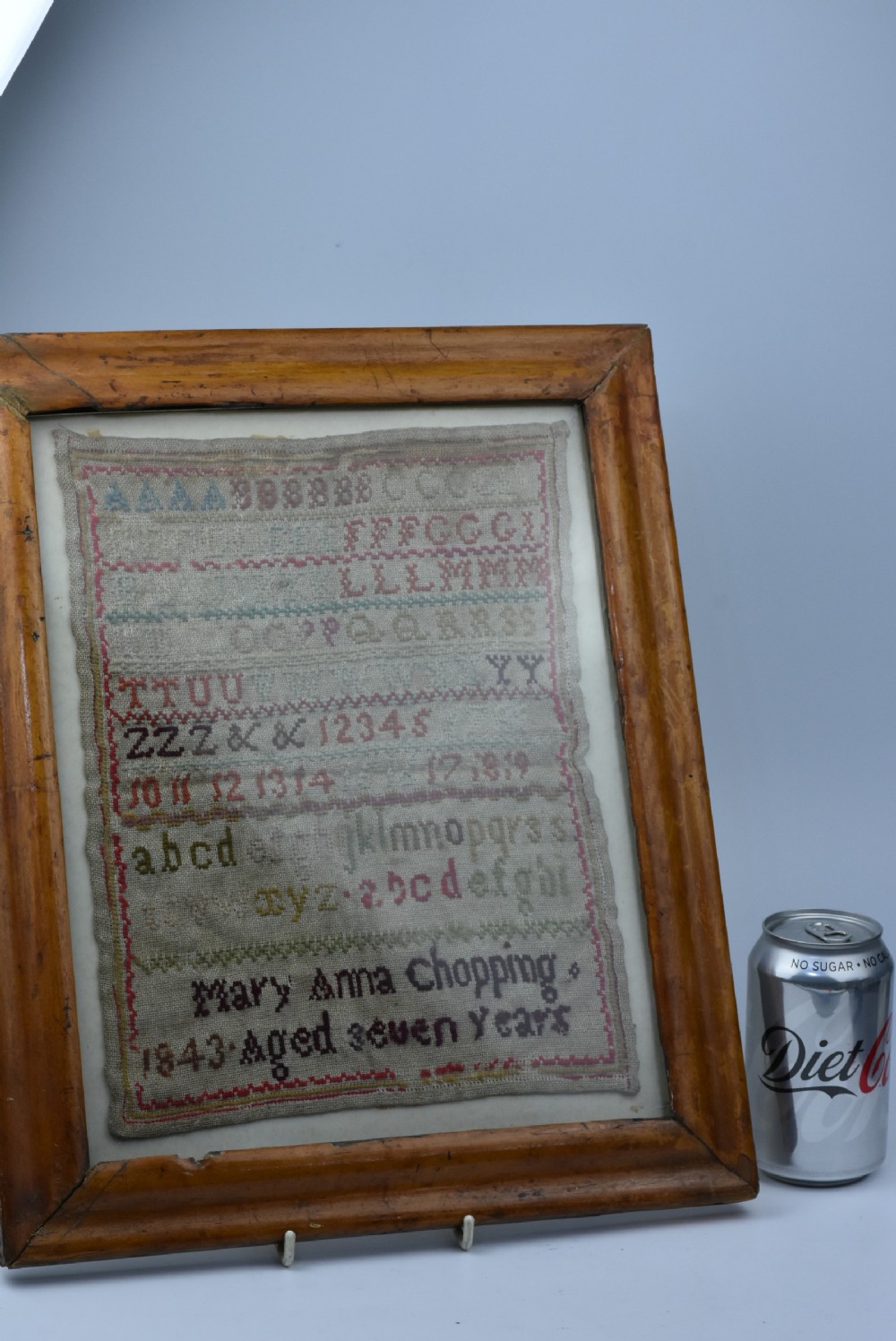 Delightful Alphabet Sampler Dated 1843 in Maple Veneered frame View VI